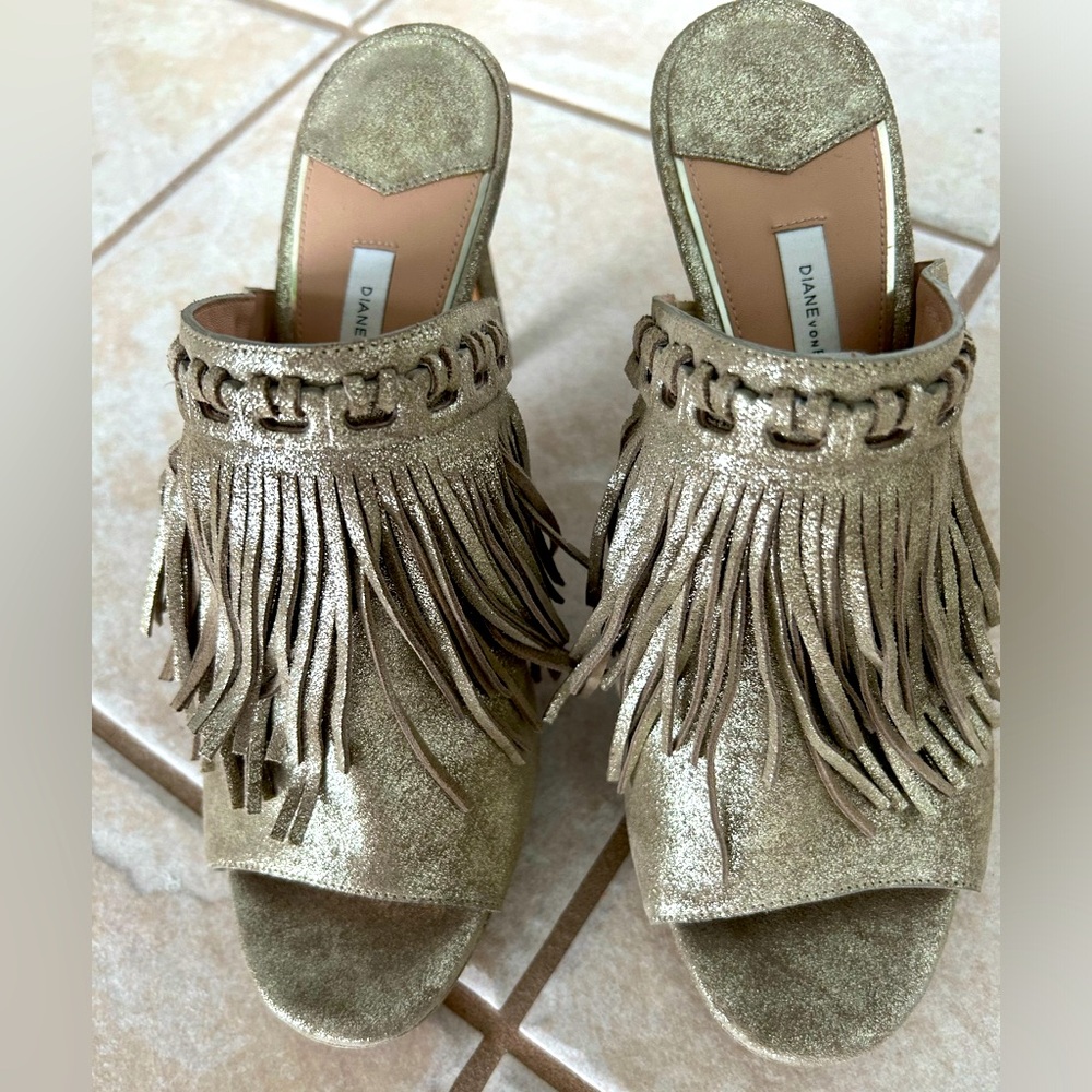 DVF Langley Gold Metallic Fringe Heeled Sandals